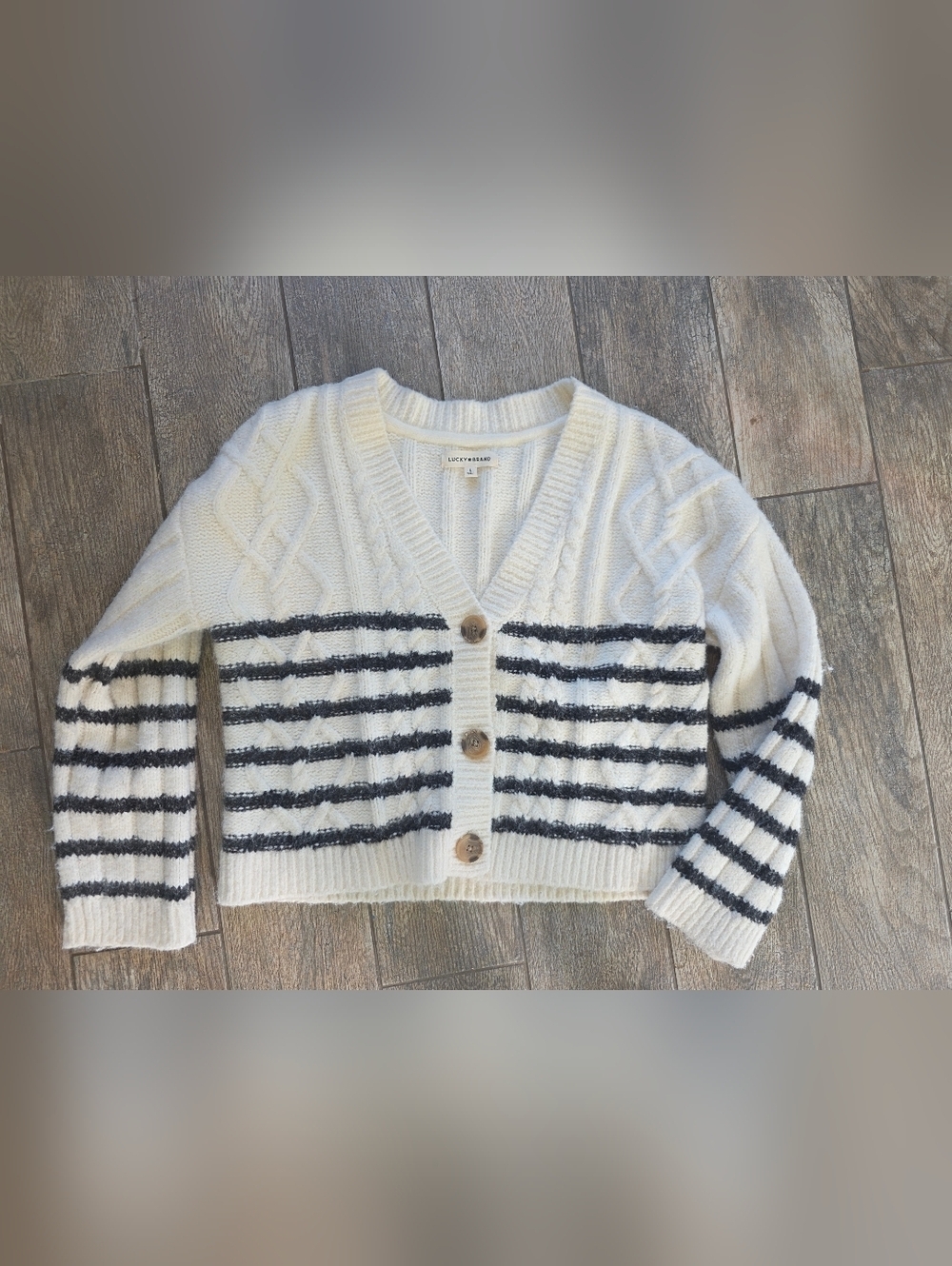 Lucky Brand Cream Cable Knit Cardigan with Stripes Sz Large
